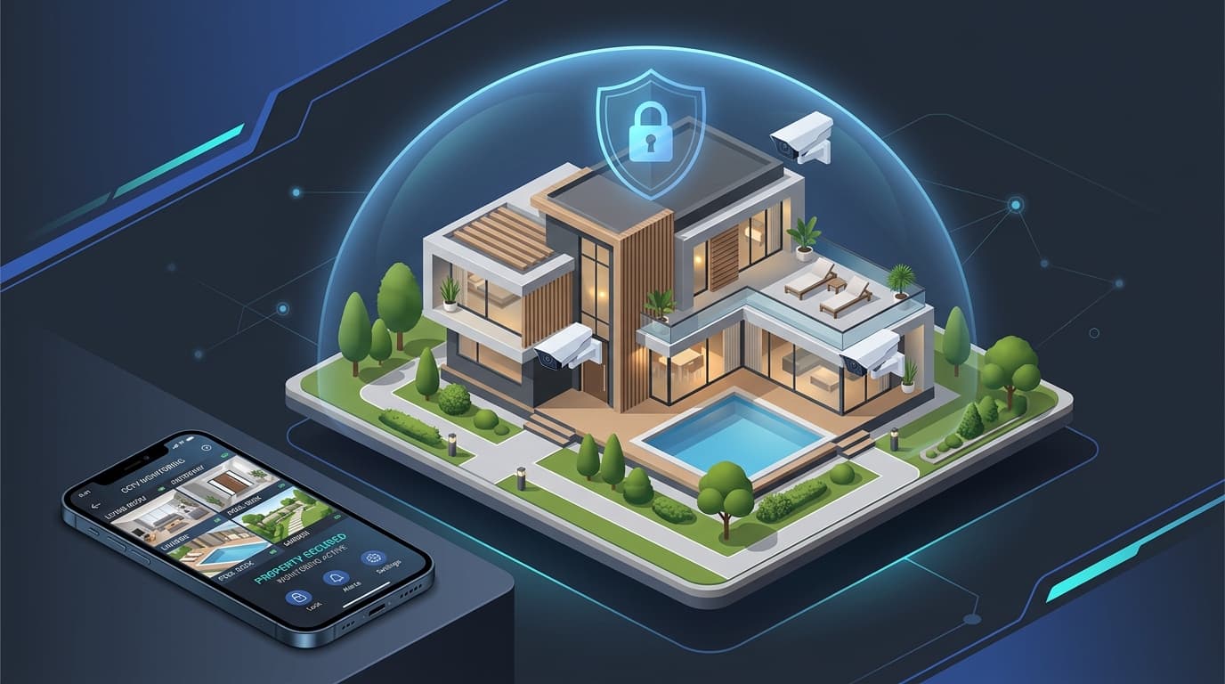 Modern luxury house secured with cctv cameras and mobile app live view interface